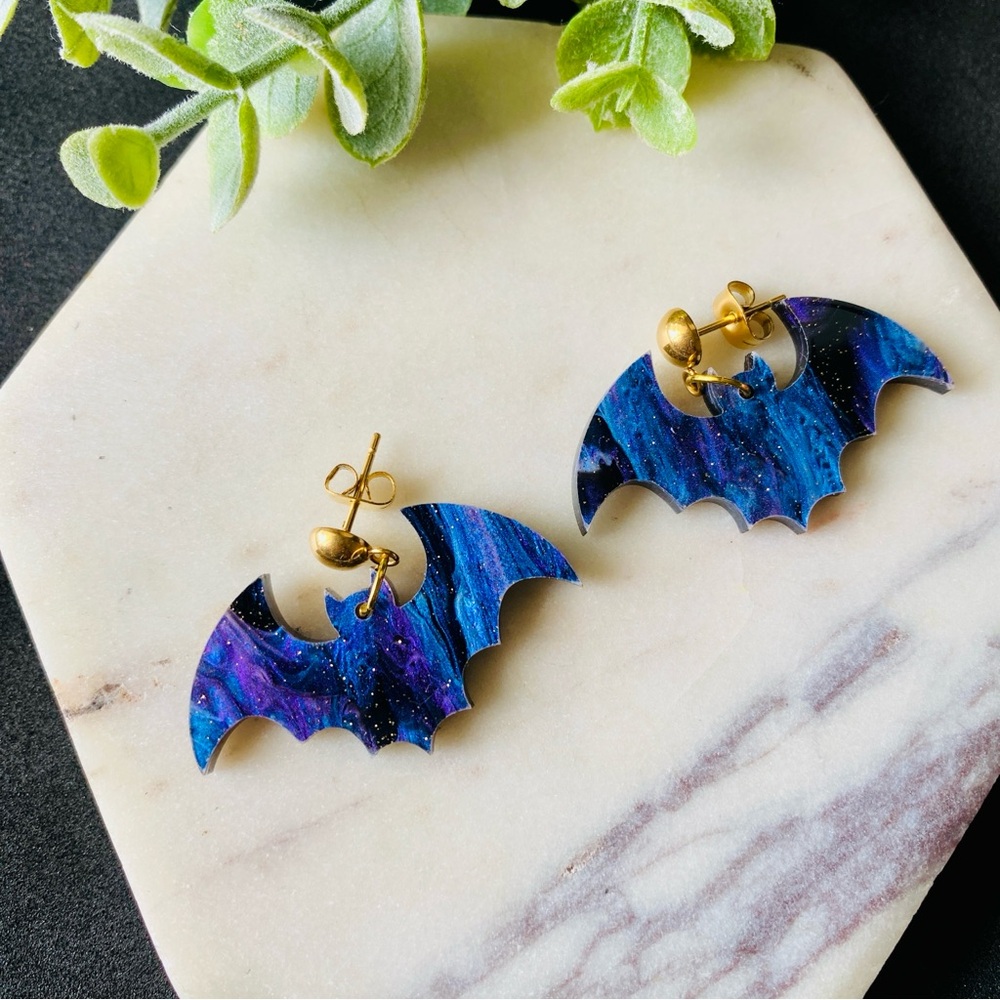 Bat Earrings Dangle Glitter Purple Halloween earrings Post/ stud